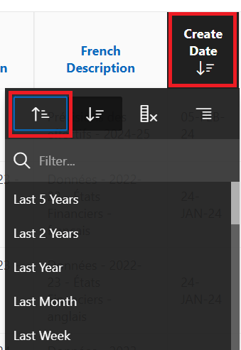 Default, sorting by ascending create date